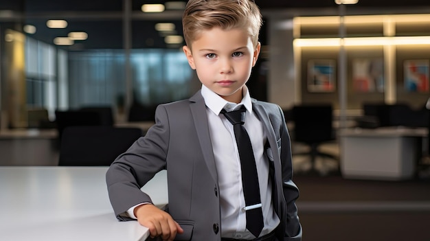 Un bambino CEO carino posa in un posto di lavoro contemporaneo