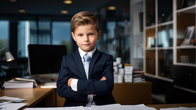 Un bambino CEO carino posa in un posto di lavoro contemporaneo