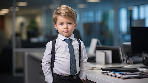 Un bambino CEO carino posa in un posto di lavoro contemporaneo