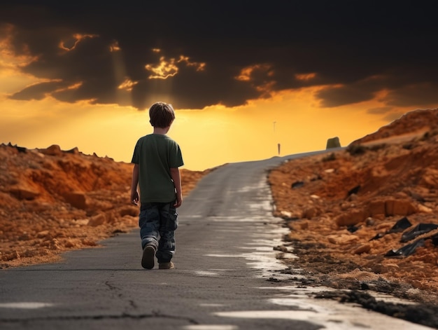 un bambino che cammina sulla strada sullo sfondo di case in rovina