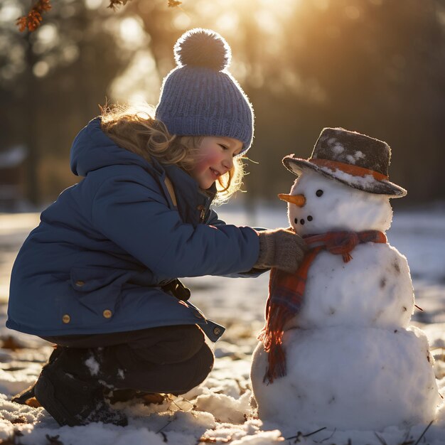 Un bambino che costruisce un pupazzo di neve il pezzo finale è un naso di carota che cattura la gioia innocente dell'inverno