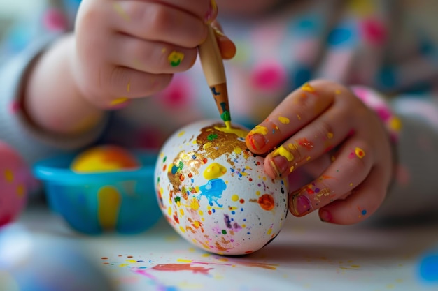 Un bambino che decora un uovo di Pasqua con vernici colorate