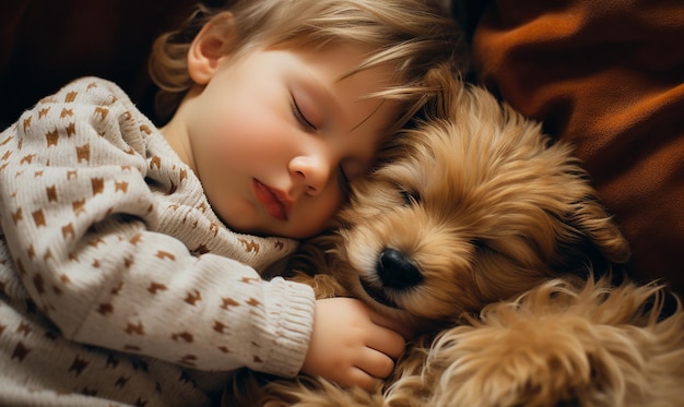 un bambino che dorme con un cane e un cane