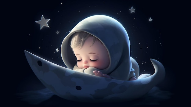 Un bambino che dorme su una luna con le stelle sullo sfondo