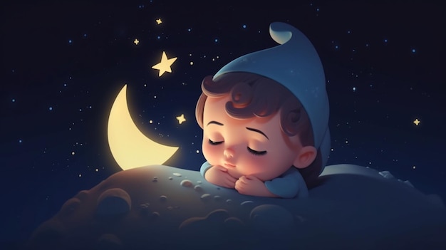 Un bambino che dorme su una luna con una stella in cima.