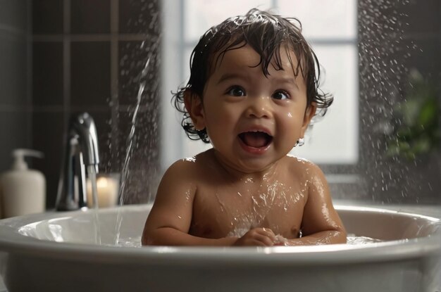 Un bambino che fa la doccia felice