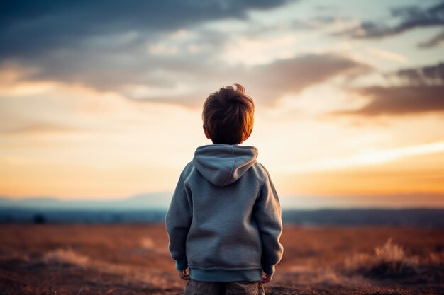 Un bambino che fissa l'orizzonte isolato su uno sfondo gradiente del crepuscolo