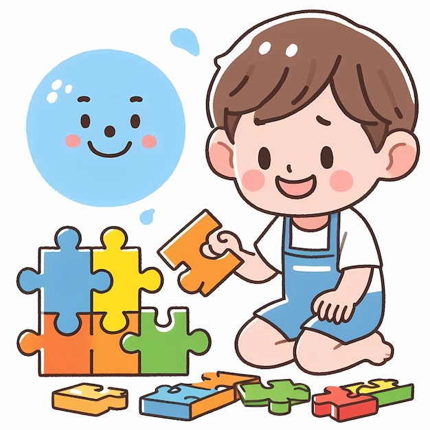 Un bambino che gioca a un puzzle con una faccia sorridente felice