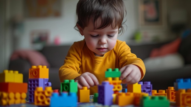 un bambino che gioca con i blocchi di costruzione costruendo sperimentando diverse forme e forme