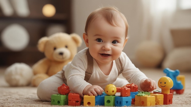 un bambino che gioca con un giocattolo e un orsacchiotto