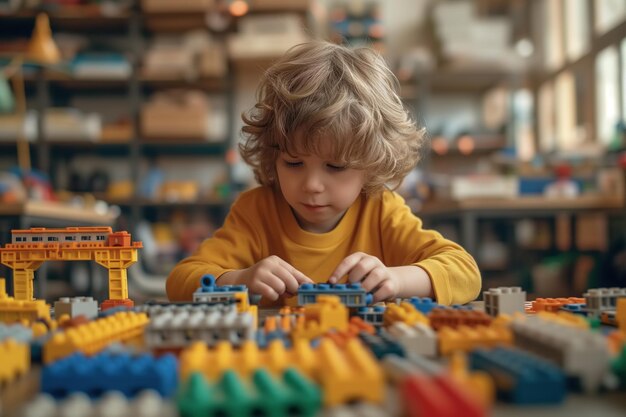 Un bambino che gioca con un kit di costruzione seduto a un tavolo in un asilo nido istruzione prescolare e sviluppo di hobby dei bambini