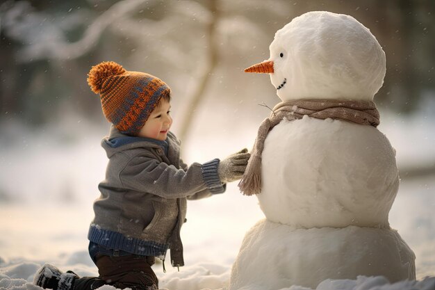 Un bambino che gioca con un pupazzo di neve