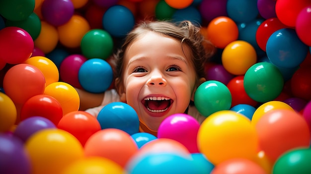 Un bambino che gioca in una buca con palline colorate