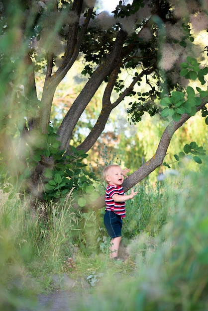 Un bambino che gioca in una foresta verde in estate