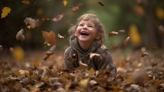 Un bambino che gioca tra le foglie