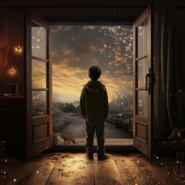 un bambino che guarda fuori da una finestra in un paesaggio innevato