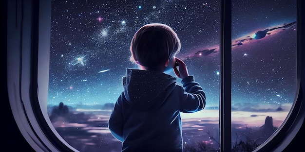 Un bambino che guarda l'idea di mezzanotte del cielo galattico per l'immaginazione IA generativa