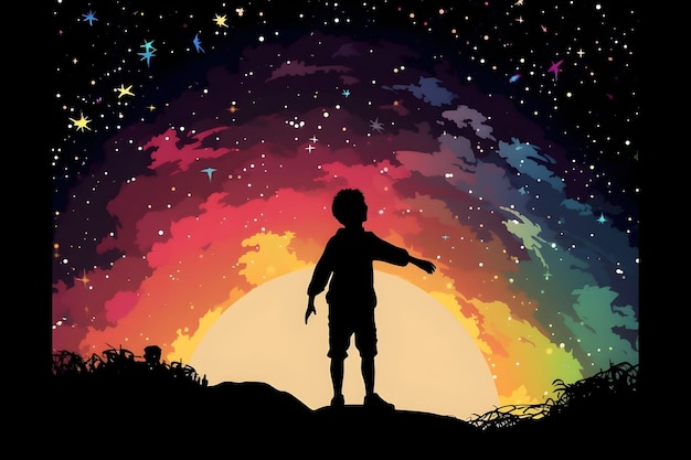 Un bambino che guarda un cielo notturno colorato con un cielo notturno colorato