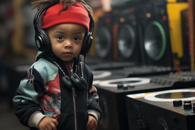 un bambino che indossa le cuffie si trova di fronte a un altoparlante.