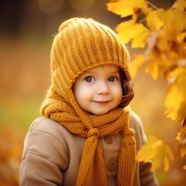 un bambino che indossa un cappello che ha una sciarpa su di esso