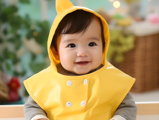 Un bambino che indossa un costume da papera gialla