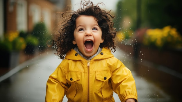 Un bambino che indossa un impermeabile e gioca felicemente sotto la pioggia