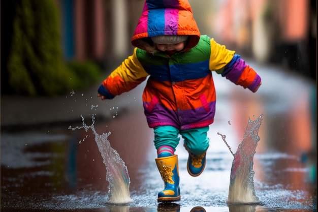 Un bambino che indossa una giacca colorata salta in una pozzanghera con sopra la parola pioggia.