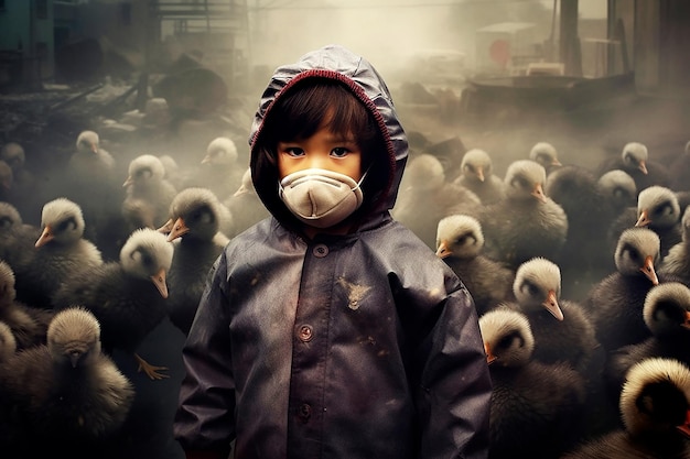 Un bambino che indossa una maschera facciale si trova di fronte a uno stormo di polli.