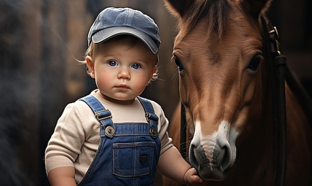 un bambino che indossa una tuta e un cappello con un cavallo sullo sfondo