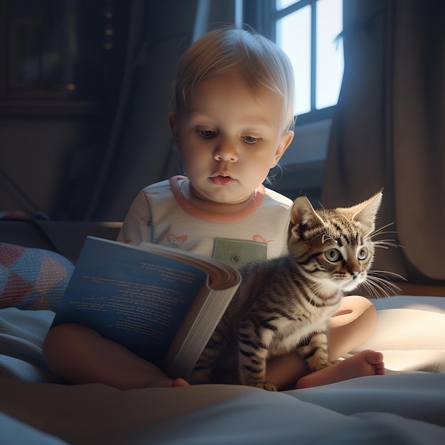 Un bambino che legge un libro con sopra un gatto.