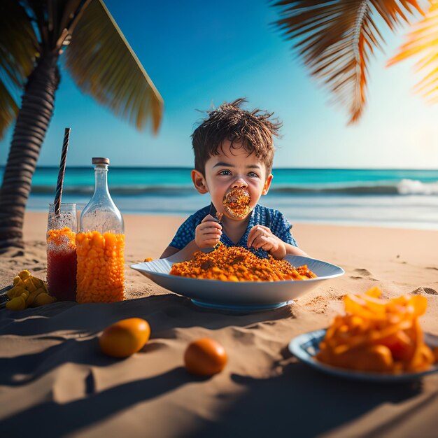 Un bambino che mangia cibo sulla spiaggia con una bottiglia di succo d'arancia.