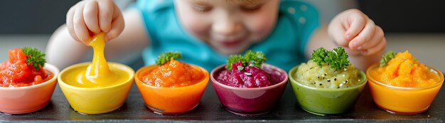 Un bambino che mangia diversi piatti di frutta