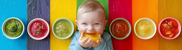 Un bambino che mangia un pezzo di frutta davanti a una parete color arcobaleno