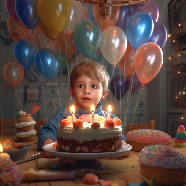 Un bambino che mangia una torta di compleanno vicino ad alcuni palloncini