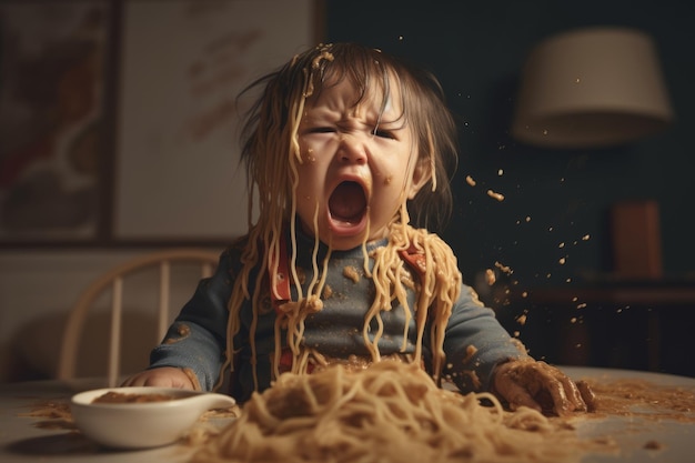 Un bambino che piange mangiando noodles Creato con la tecnologia dell'IA generativa