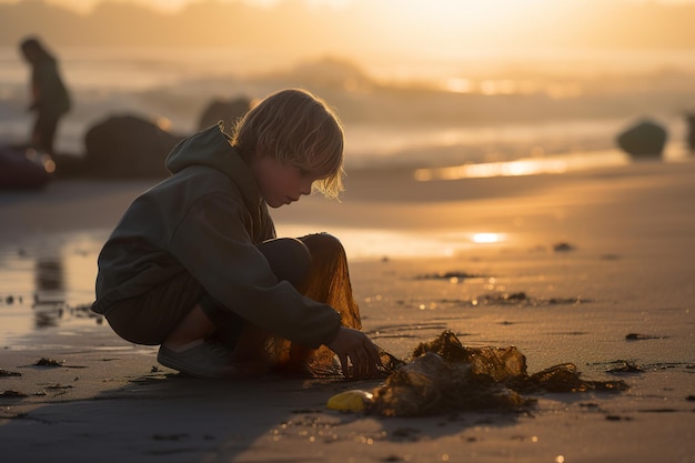 Un bambino che raccoglie la spazzatura su una spiaggia inquinata