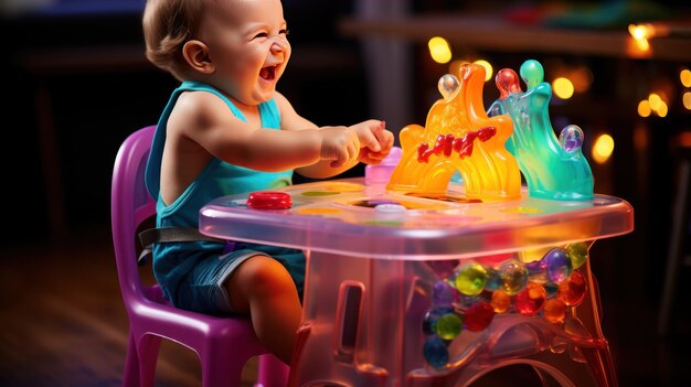 Un bambino che ridacchia sul seggiolone mentre esplora uno sfondo UHD colorato