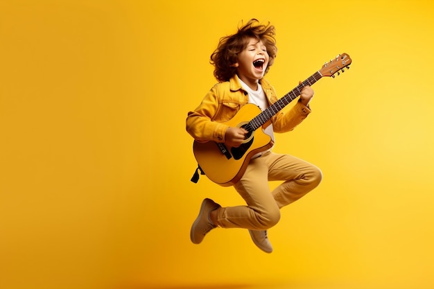 Un bambino che salta suonando la chitarra e cantando su uno sfondo giallo Ai generativa