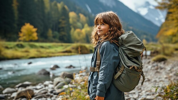 un bambino che si arrampica sulle montagne giovani lungo il fiume