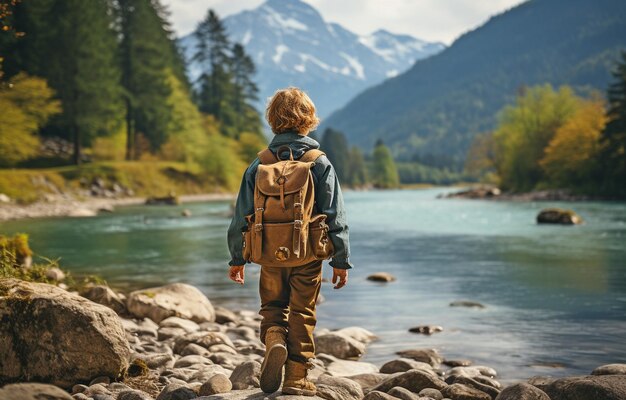 un bambino che si arrampica sulle montagne giovani lungo il fiume