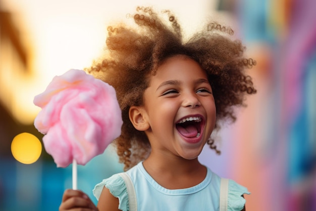 un bambino che si gode deliziosamente un cotone caramellato