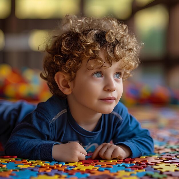 Un bambino che si trova su un puzzle