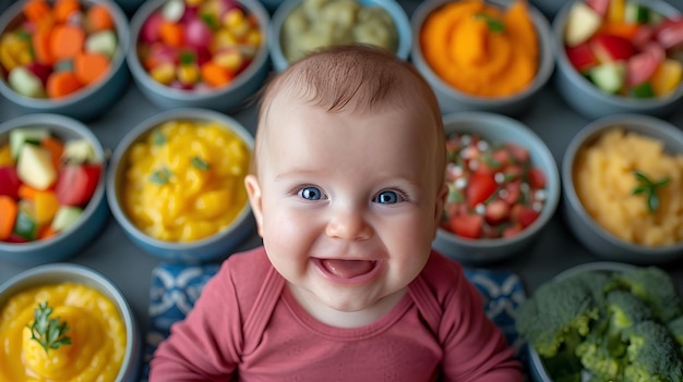 Un bambino che sorride davanti a ciotole di verdure