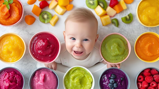 Un bambino che sorride davanti a varie ciotole piene di succhi colorati