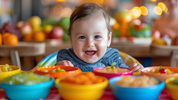 Un bambino che sorride mentre mangia varie ciotole di frutta