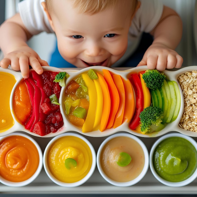 Un bambino che tiene in mano un vassoio con dentro delle verdure colorate