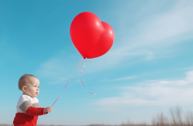 Un bambino che tiene un palloncino cuore rosso nel cielo