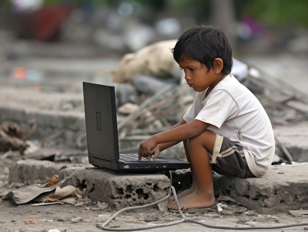 Un bambino colombiano che lavora su un laptop in un vivace ambiente urbano