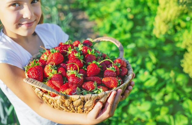 Un bambino con fragole nelle mani