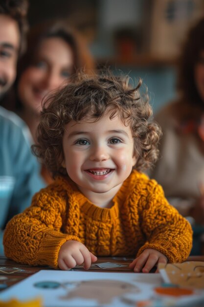 Un bambino con i capelli ricci affascinanti che sorride e guarda la telecamera circondato dai suoi genitori con i disegni sul tavolo in un ambiente domestico accogliente
